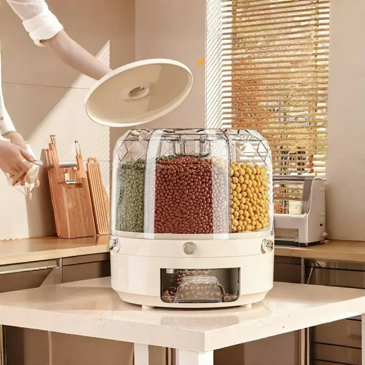 Rice Dispenser 360 Degree Rotating Sealed Dry Cereal Grain Bucket Dispenser Moisture-proof Kitchen Food Container Storage Box