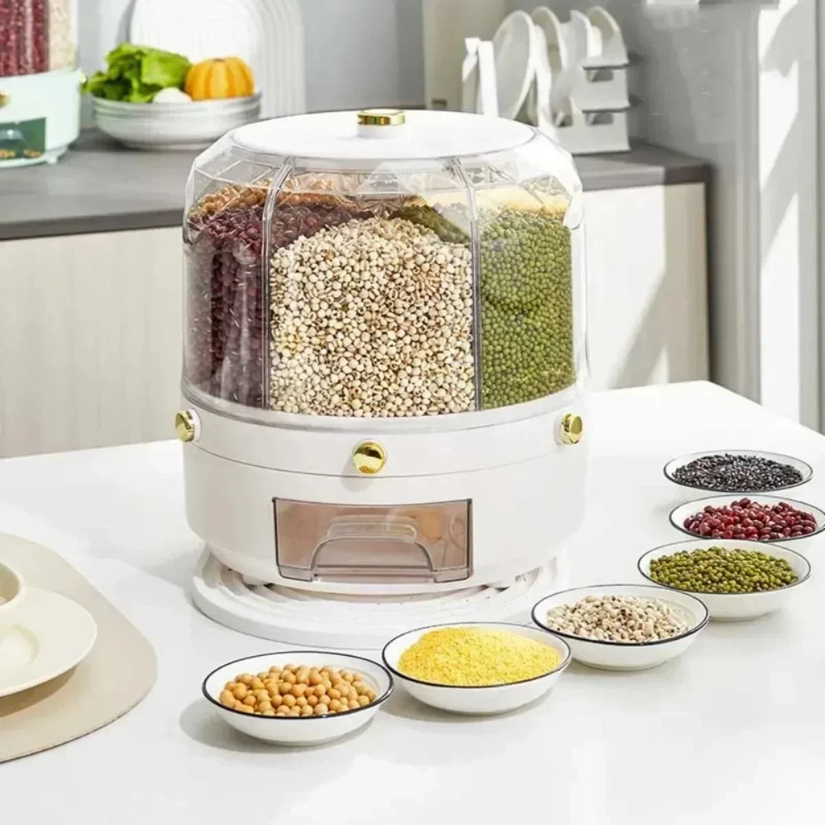 Rice Dispenser 360 Degree Rotating Sealed Dry Cereal Grain Bucket Dispenser Moisture-proof Kitchen Food Container Storage Box