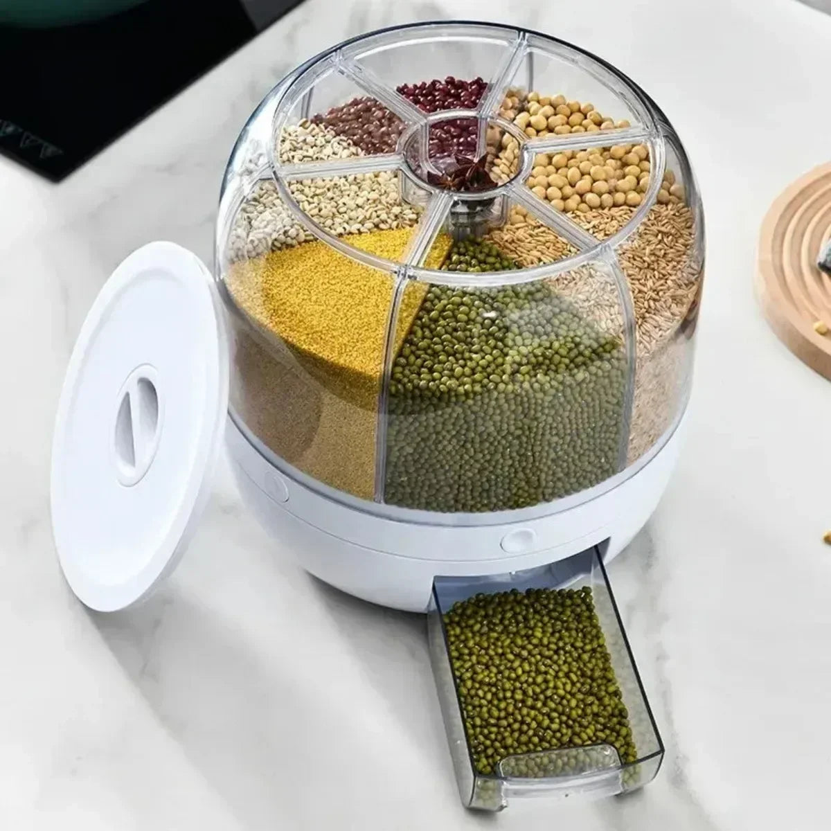 Rice Dispenser 360 Degree Rotating Sealed Dry Cereal Grain Bucket Dispenser Moisture-proof Kitchen Food Container Storage Box